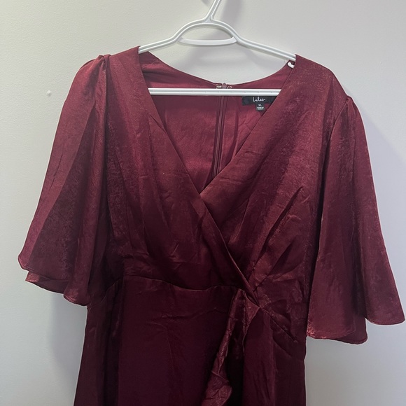 Lulus 
Wrapped Up In Love Burgundy Satin Faux-Wrap Midi Dress - Picture 3 of 3